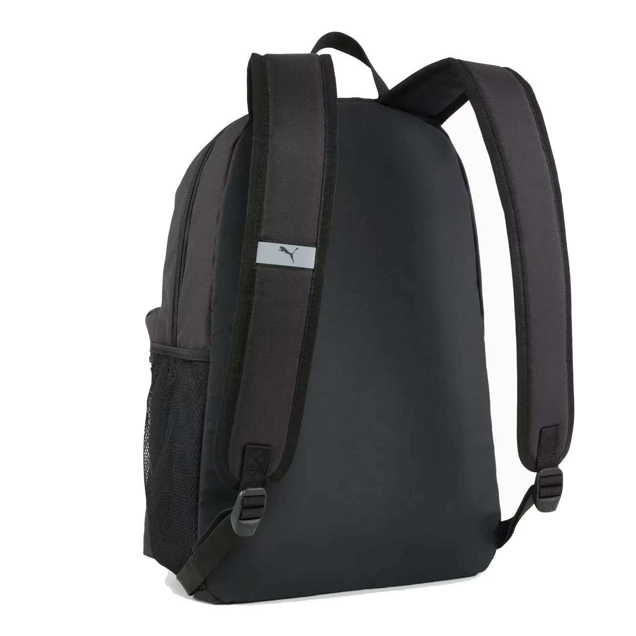 Mochila esportiva preta Puma vista lateral com bolso mesh e zíper